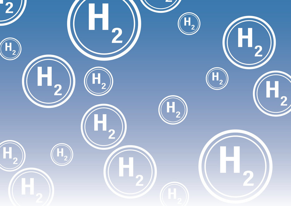 Blauer Hintergrund mit 18 untersch. großen Kreisen mit dem Text "H2"