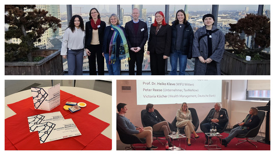 Das Bild zeigt eine Collage aus einem Bild des Teams, einer Szene der Podiumsdiskussion und ein Bild eines Stehtisches mit Projektflyern und goldenen Schokoladenmünzen, die eine Verbindung zum Thema der Tagung herstellen