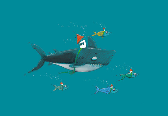 Zeichnung schwimmender Hai und 4 Fische mit Häusern auf Rücken