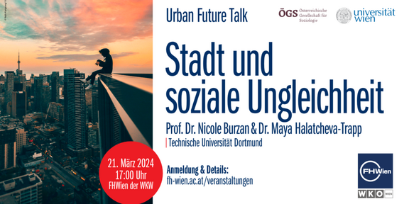 Bild des Veranstaltungsflyers. Linke Seite Bild einer Stadt im Sonnenuntergang. Rechts Titel der Veranstaltung und diverse Logos