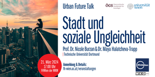 Bild des Veranstaltungsflyers. Linke Seite Bild einer Stadt im Sonnenuntergang. Rechts Titel der Veranstaltung und diverse Logos