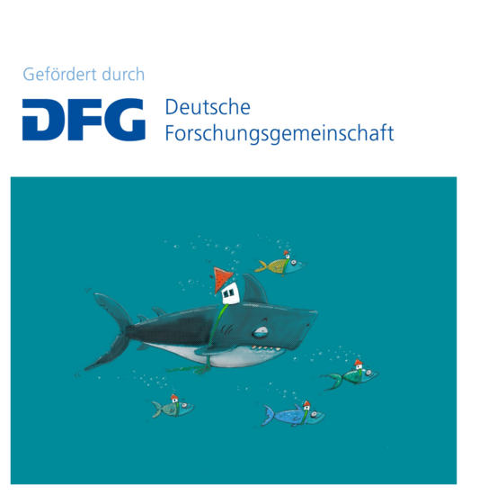 Logo der DFG und Zeichnung mit einem großen Hai und vier kleinen Fischen mit Häusern auf dem Rücken