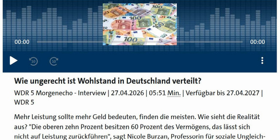 Das Bild zeigt einen Screenshot der Website von WDR5 mit der Überschrift des Interviews, des Webplayers und einer Grafik mit vielen Geldscheinen
