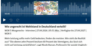 Das Bild zeigt einen Screenshot der Website von WDR5 mit der Überschrift des Interviews, des Webplayers und einer Grafik mit vielen Geldscheinen
